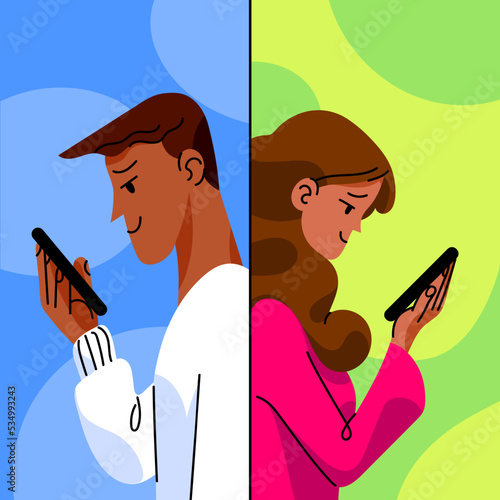 Man and Woman with dark brown skin using their smart phones from different places. Surfing feed, reading news or talking with eachother. Social distance communication concept. Vector flat illustration