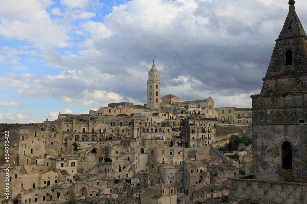 Fototapeta premium Matera, Basilicata, Italy. Panoramic shots of the city with Unesco World Heritage status, situated on a rocky promontory.