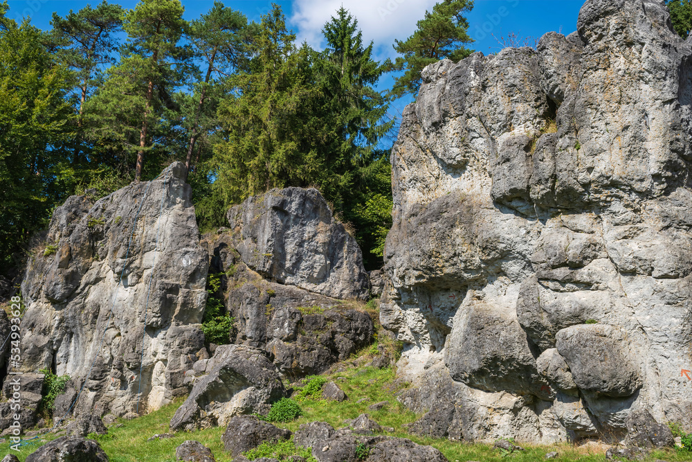 Practice climbing rock near Bamberg/Germany in Franconian Switzerland