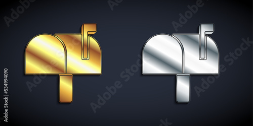 Gold and silver Mail box icon isolated on black background. Mailbox icon. Mail postbox on pole with flag. Long shadow style. Vector