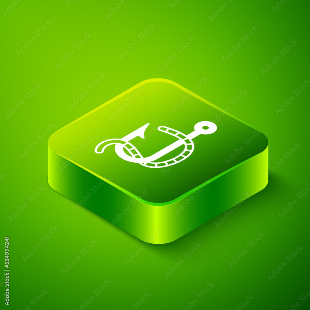 Isometric Fishing hook and worm icon isolated on green background. Fishing tackle. Green square button. Vector Isometric Fishing hook and worm icon isolated on green background. Fishing tackle. Green square button. Vector