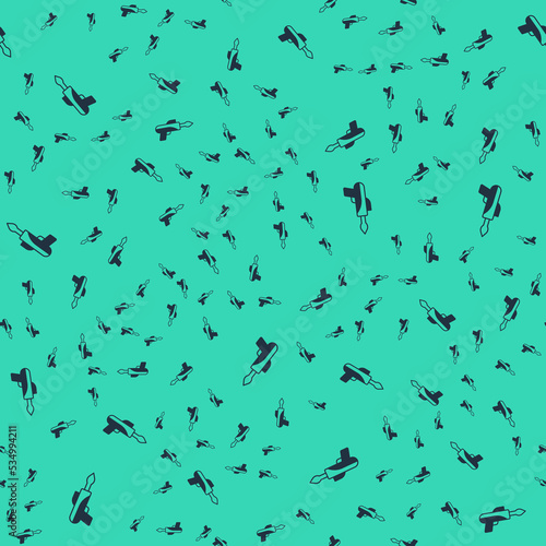 Black Fishing harpoon icon isolated seamless pattern on green background. Fishery manufacturers for catching fish under water. Diving underwater equipment. Vector