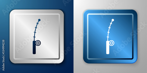 White Fishing rod icon isolated on blue and grey background. Catch a big fish. Fishing equipment and fish farming topics. Silver and blue square button. Vector