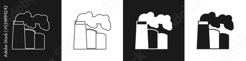 Set Oil and gas industrial factory building icon isolated on black and white background. Vector