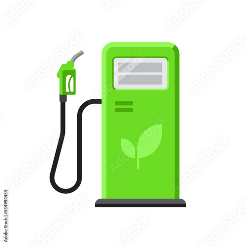 Vector illustration of green eco gas station with petrol pump. Sustainable green energy concept. Bio Fuel. Isolated on white. Flat style