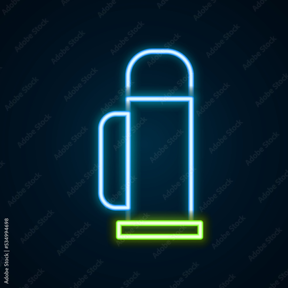 Glowing neon line Thermos container icon isolated on black background. Thermo flask icon. Camping and hiking equipment. Colorful outline concept. Vector Glowing neon line Thermos container icon isolated on black background. Thermo flask icon. Camping and hiking equipment. Colorful outline concept. Vector