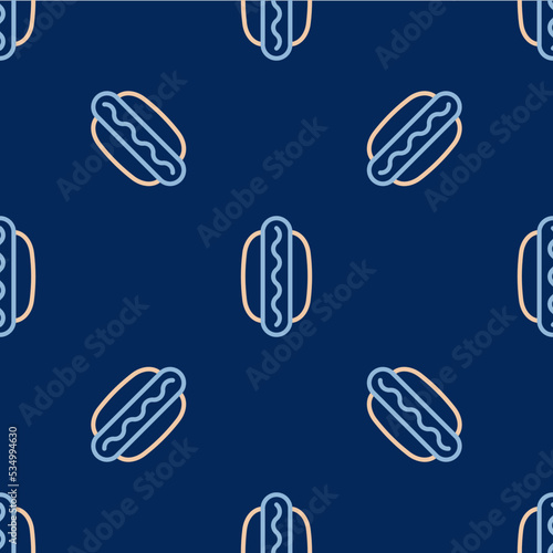 Line Hotdog sandwich with mustard icon isolated seamless pattern on blue background. Sausage icon. Fast food sign. Vector