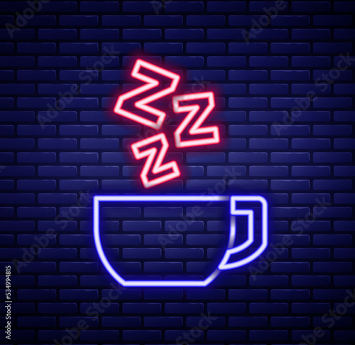 Glowing neon line Chamomile tea icon isolated on brick wall background. A useful therapeutic drink from flowers of chamomile medicinal. Colorful outline concept. Vector