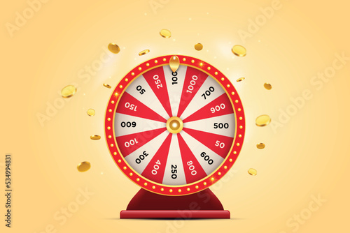 Vector illustration of red spinning fortune wheel with golden flying coins on yellow background. Realistic 3d lucky roulette.