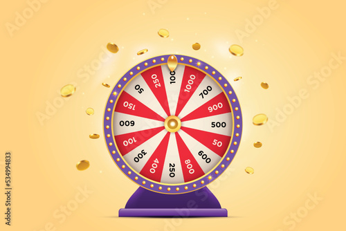 Vector illustration of purple spinning fortune wheel with golden flying coins on yellow background. Realistic 3d lucky roulette.