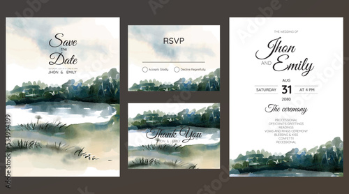 wedding invitations, watercolor mountains, forest and rivers.