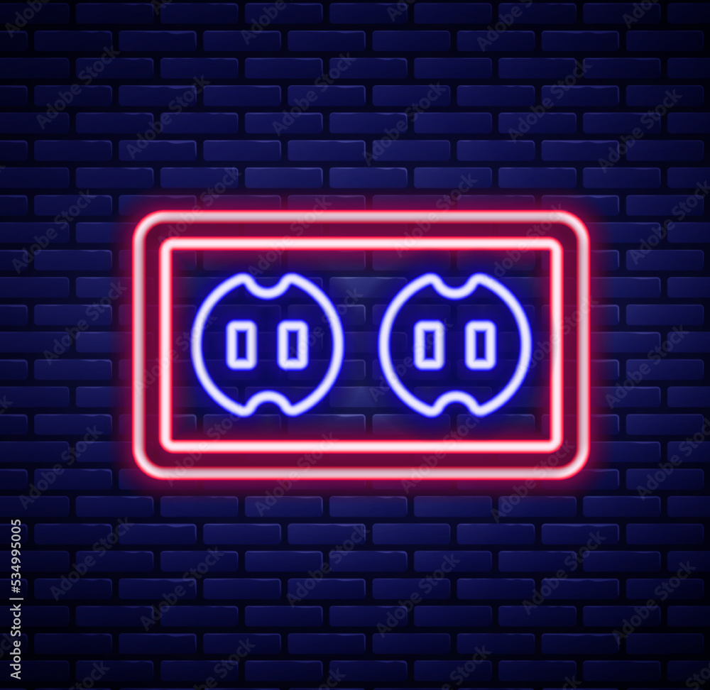 Obraz premium Glowing neon line Electrical outlet icon isolated on brick wall background. Power socket. Rosette symbol. Colorful outline concept. Vector