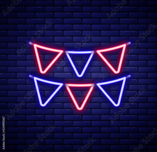 Glowing neon line Carnival garland with flags icon isolated on brick wall background. Party pennants for birthday celebration, festival decoration. Colorful outline concept. Vector