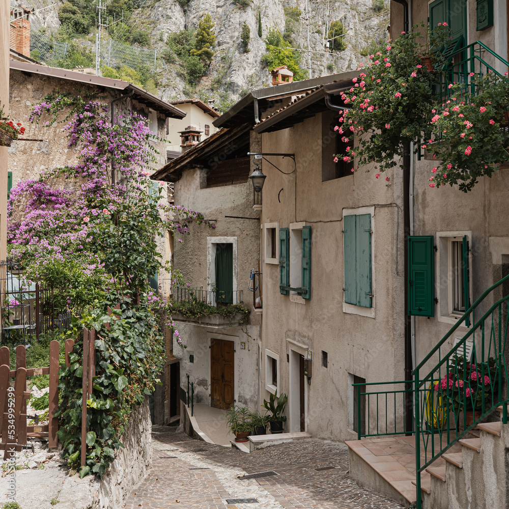 Fototapeta premium Rustic Italian architecture. Traditional historic European country buildings with wooden windows, flowers and blooming trees. Aesthetic summer vacation travel concept