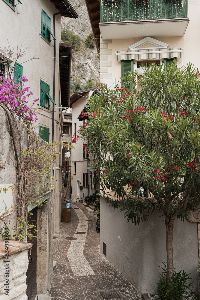 Fototapeta premium Old historic Italian architecture. Traditional European village rustic buildings. Flowers, wooden windows, shutters and pastel walls. Aesthetic summer vacation travel background