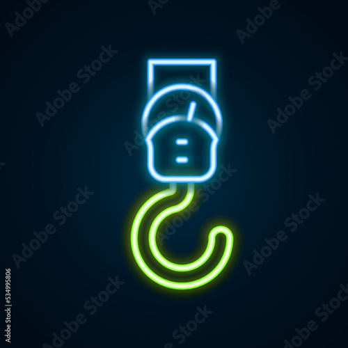 Glowing neon line Spring scale icon isolated on black background. Balance for weighing. Determination of weight. Colorful outline concept. Vector