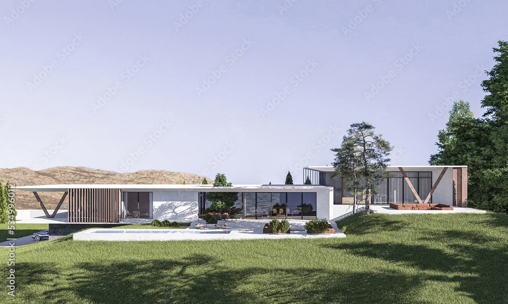 3D visualization of a modern house. House with a flat roof. Modern unique architecture 3D visualization of a modern house. House with a flat roof. Modern unique architecture