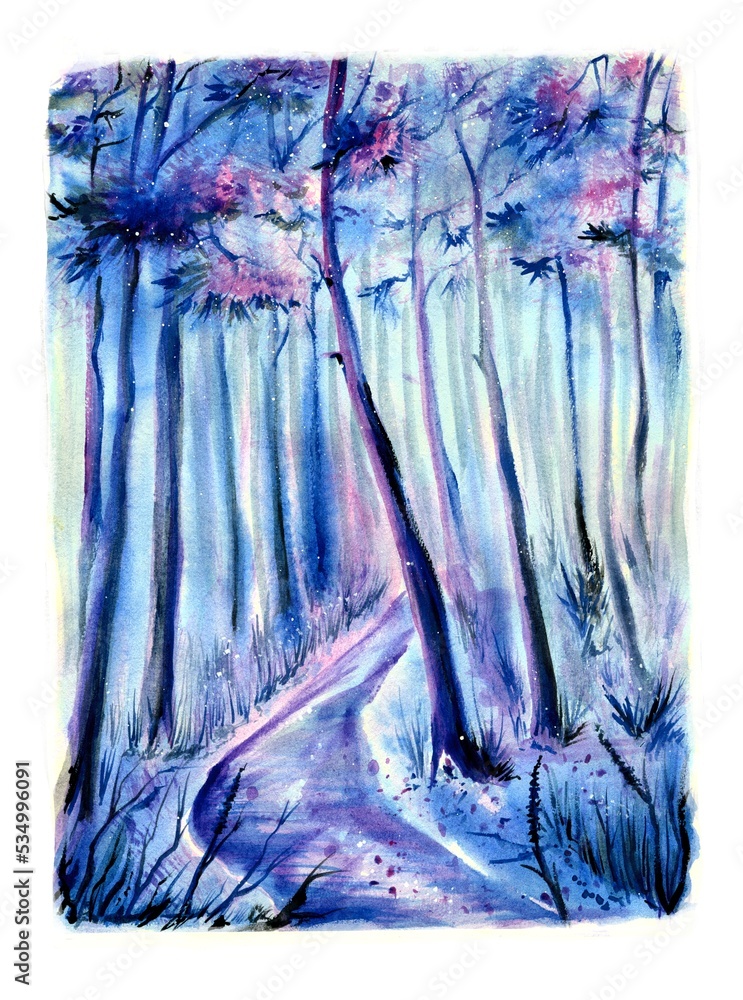 Beautiful night forest with a stream and lights. Watercolor illustration.