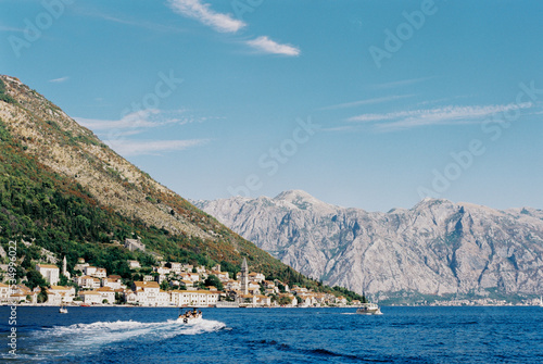 Motorboat sails to the coast of Perast. Montenegro