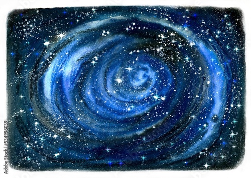Abstract background of the night sky with stars, drawing with traditional materials in watercolor and pastel. Watercolor image of space and milky way.