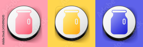 Isometric Glass jar with screw-cap icon isolated on pink, yellow and blue background. Square button. Vector