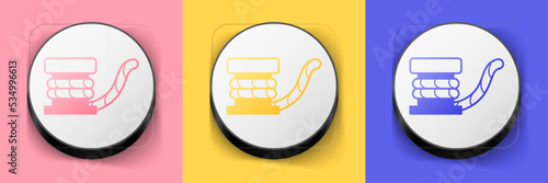 Isometric Marine bollard with rope tied on pier icon isolated on pink, yellow and blue background. Square button. Vector