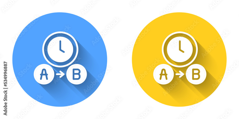 White Taxi waiting time icon isolated with long shadow background. Car deadline, schedule ride. Circle button. Vector White Taxi waiting time icon isolated with long shadow background. Car deadline, schedule ride. Circle button. Vector