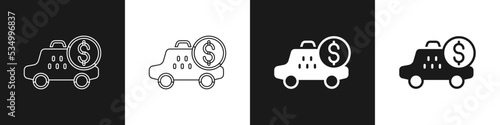 Set Taximeter device icon isolated on black and white background. Measurement appliance for passenger fare in taxi car. Vector