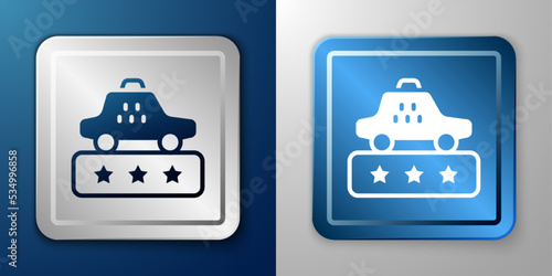 White Taxi service rating icon isolated on blue and grey background. Silver and blue square button. Vector