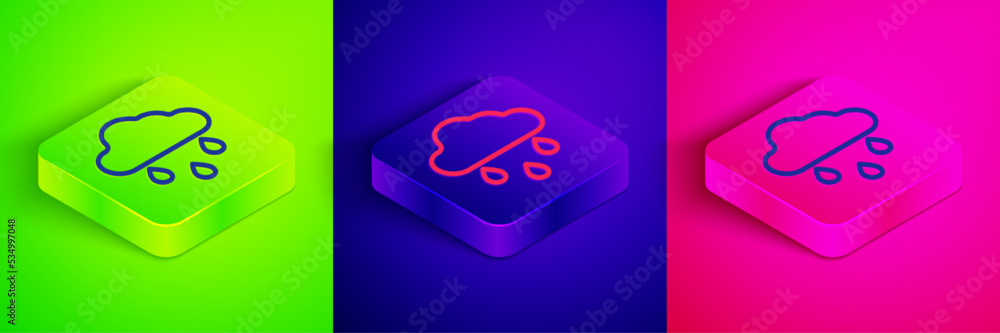 Isometric line Cloud with rain icon isolated on green, blue and pink background. Rain cloud precipitation with rain drops. Square button. Vector Isometric line Cloud with rain icon isolated on green, blue and pink background. Rain cloud precipitation with rain drops. Square button. Vector