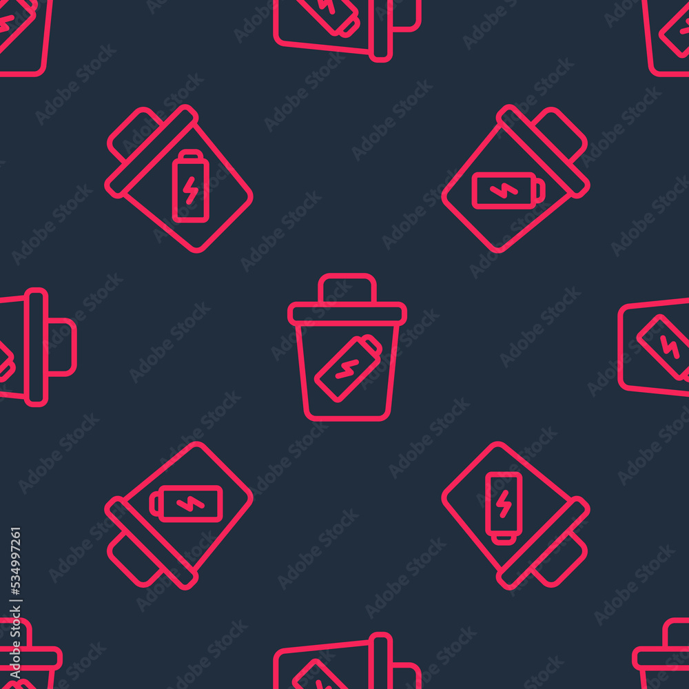 Red line Trash can icon isolated seamless pattern on black background. Garbage bin sign. Recycle basket icon. Office trash icon. Vector Red line Trash can icon isolated seamless pattern on black background. Garbage bin sign. Recycle basket icon. Office trash icon. Vector