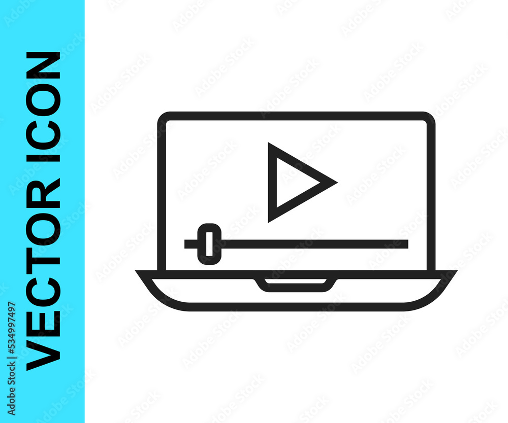 Black line Online play video icon isolated on white background. Laptop and film strip with play sign. Vector Black line Online play video icon isolated on white background. Laptop and film strip with play sign. Vector