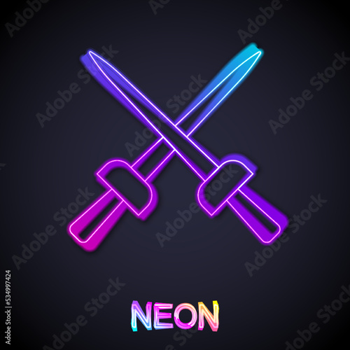 Glowing neon line Fencing icon isolated on black background. Sport equipment. Vector