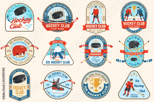 Ice Hockey club logo, badge embroidered patch. Concept for shirt or logo, print, stamp or tee. Winter sport. Vintage typography design with player, sticker, puck and skates silhouette. Vector.