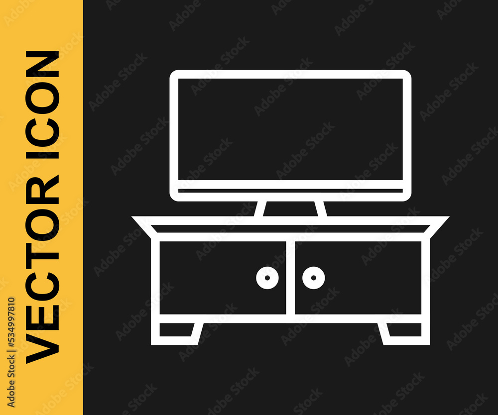 White line TV table stand icon isolated on black background. Vector White line TV table stand icon isolated on black background. Vector