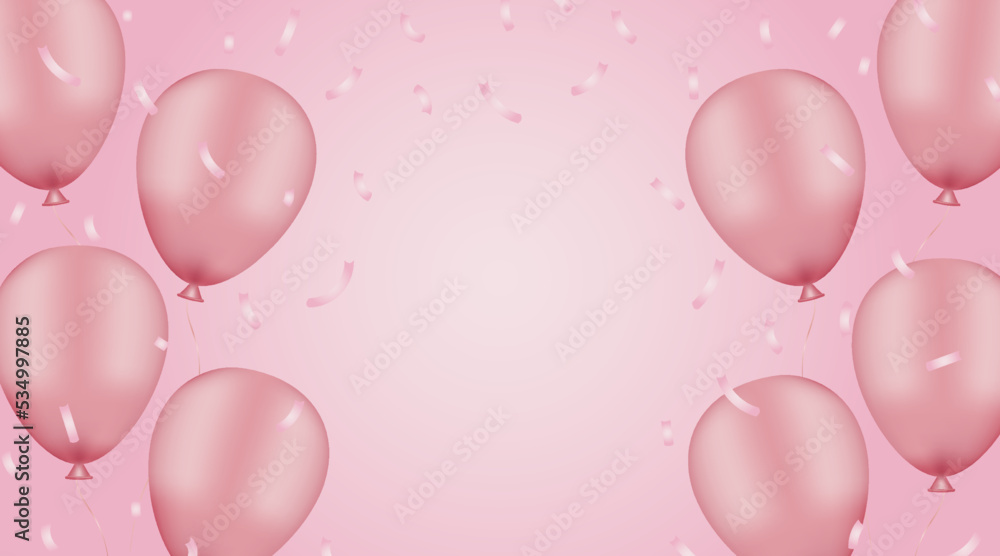 Balloons background. Realistic pink air balloons and confetti on a pink background.  Template for holiday cards, banners, web. 