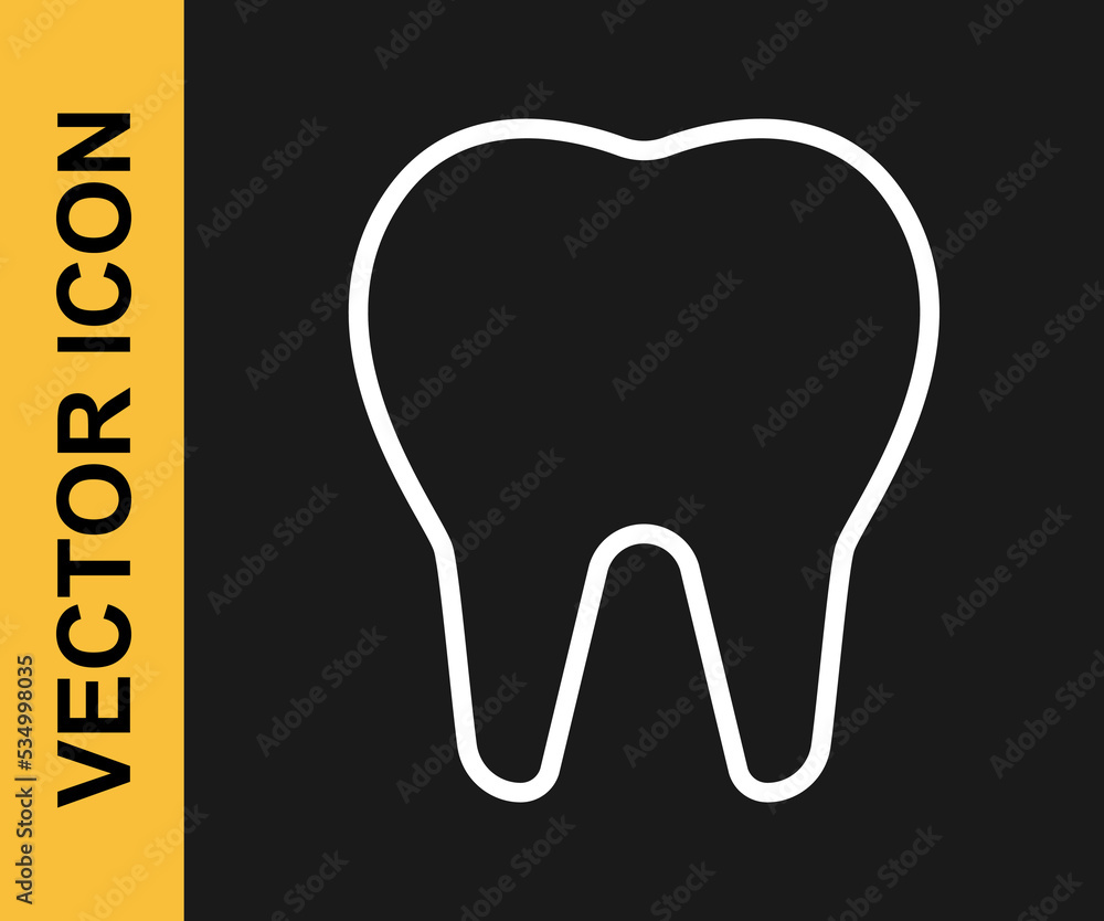 White line Tooth icon isolated on black background. Tooth symbol for dentistry clinic or dentist medical center and toothpaste package. Vector White line Tooth icon isolated on black background. Tooth symbol for dentistry clinic or dentist medical center and toothpaste package. Vector