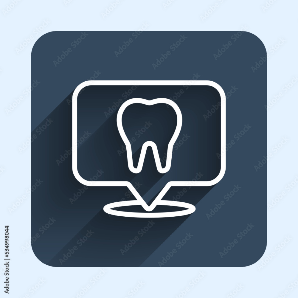 Fototapeta premium White line Dental clinic location icon isolated with long shadow background. Blue square button. Vector