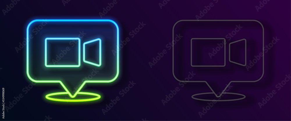 Glowing neon line Video chat conference icon isolated on black background. Online meeting work form home. Remote project management. Vector Glowing neon line Video chat conference icon isolated on black background. Online meeting work form home. Remote project management. Vector