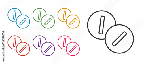 Set line Toothache painkiller tablet icon isolated on white background. Tooth care medicine. Capsule pill and drug. Pharmacy design. Set icons colorful. Vector