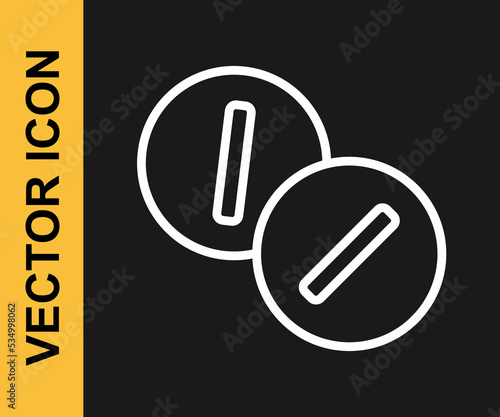 White line Toothache painkiller tablet icon isolated on black background. Tooth care medicine. Capsule pill and drug. Pharmacy design. Vector
