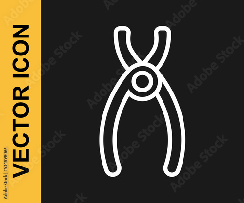 White line Dental pliers icon isolated on black background. Dental equipment. Vector
