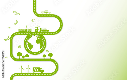 Green road and city for Sustainability development and alternative energy concept, Template background with copy space Vector illustration