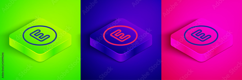 Isometric line Compass west icon isolated on green, blue and pink background. Windrose navigation symbol. Wind rose sign. Square button. Vector Isometric line Compass west icon isolated on green, blue and pink background. Windrose navigation symbol. Wind rose sign. Square button. Vector