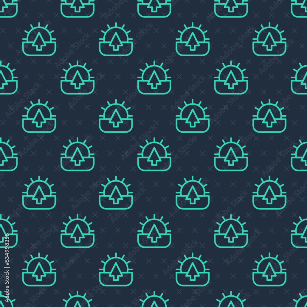 Green line Sunrise icon isolated seamless pattern on blue background. Vector Green line Sunrise icon isolated seamless pattern on blue background. Vector