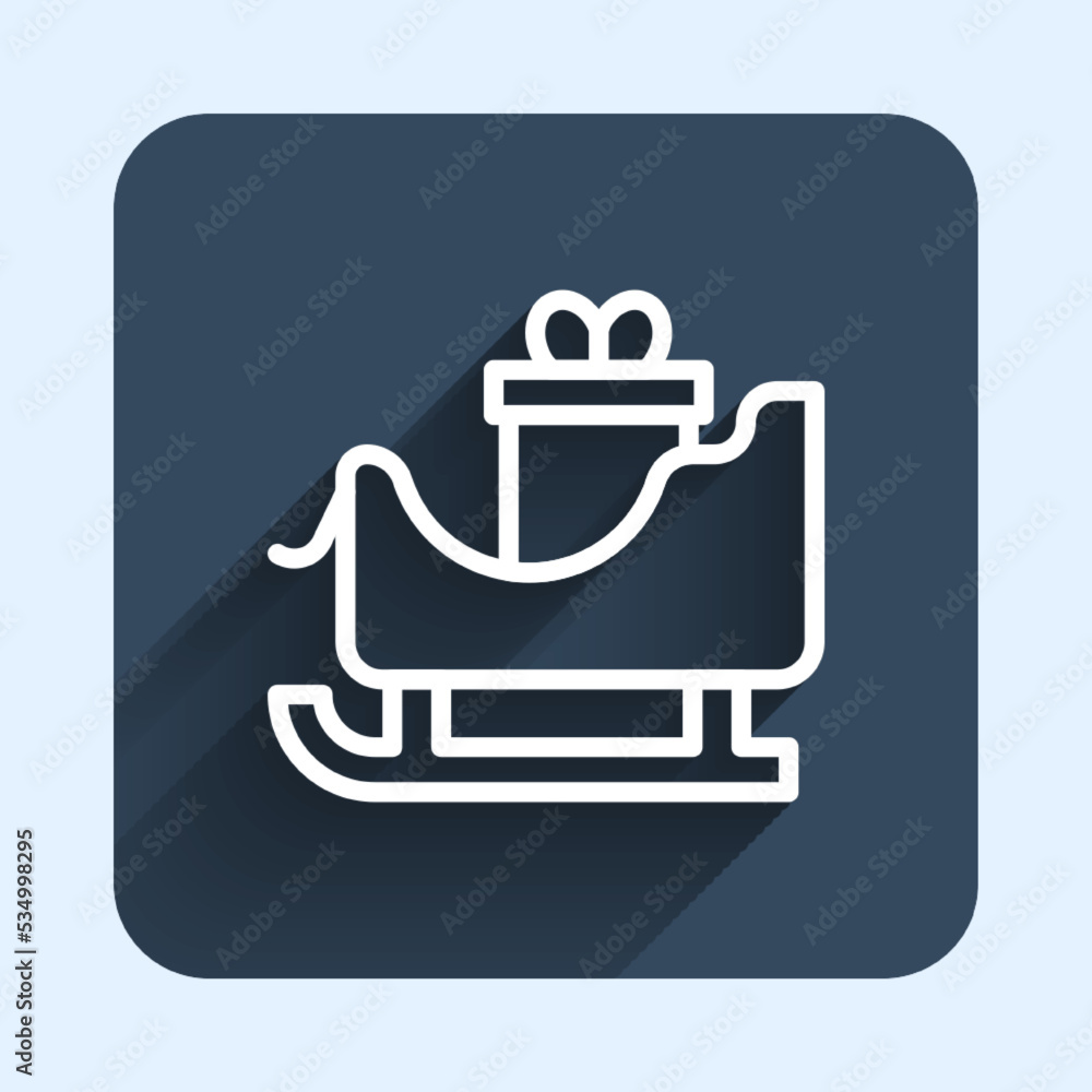 White line Christmas santa claus sleigh with sack bag icon isolated with long shadow background. Merry Christmas and Happy New Year. Blue square button. Vector White line Christmas santa claus sleigh with sack bag icon isolated with long shadow background. Merry Christmas and Happy New Year. Blue square button. Vector