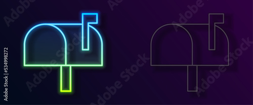 Glowing neon line Mail box icon isolated on black background. Mailbox icon. Mail postbox on pole with flag. Vector