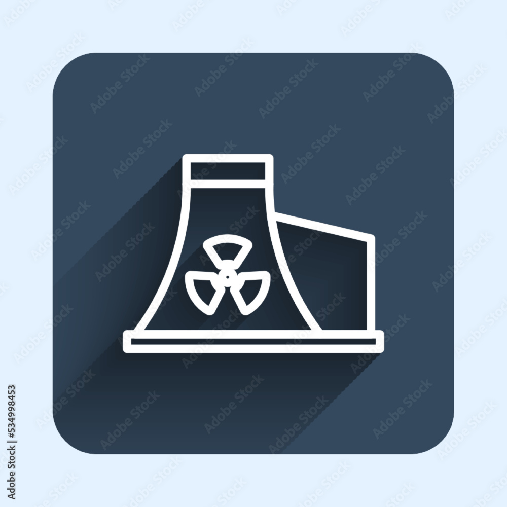 White line Nuclear power plant icon isolated with long shadow background. Energy industrial concept. Blue square button. Vector White line Nuclear power plant icon isolated with long shadow background. Energy industrial concept. Blue square button. Vector