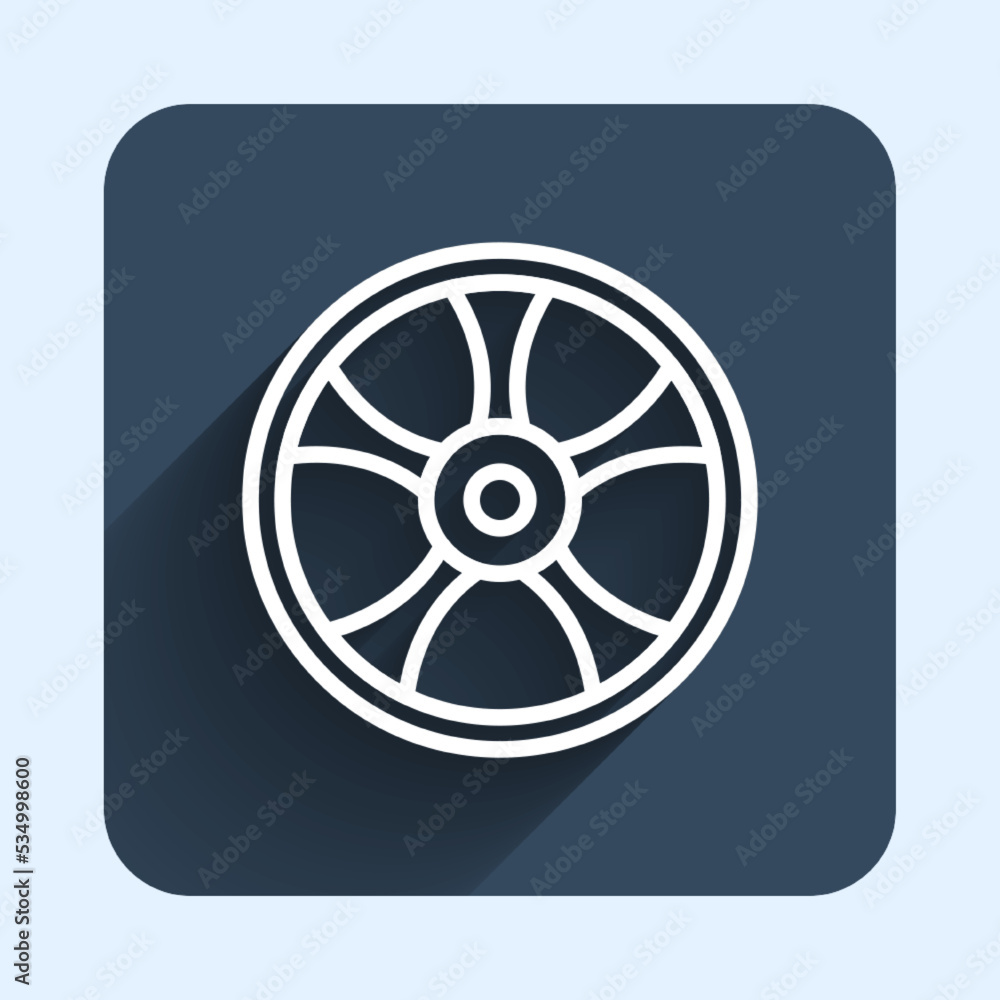 White line Alloy wheel for car icon isolated with long shadow background. Blue square button. Vector