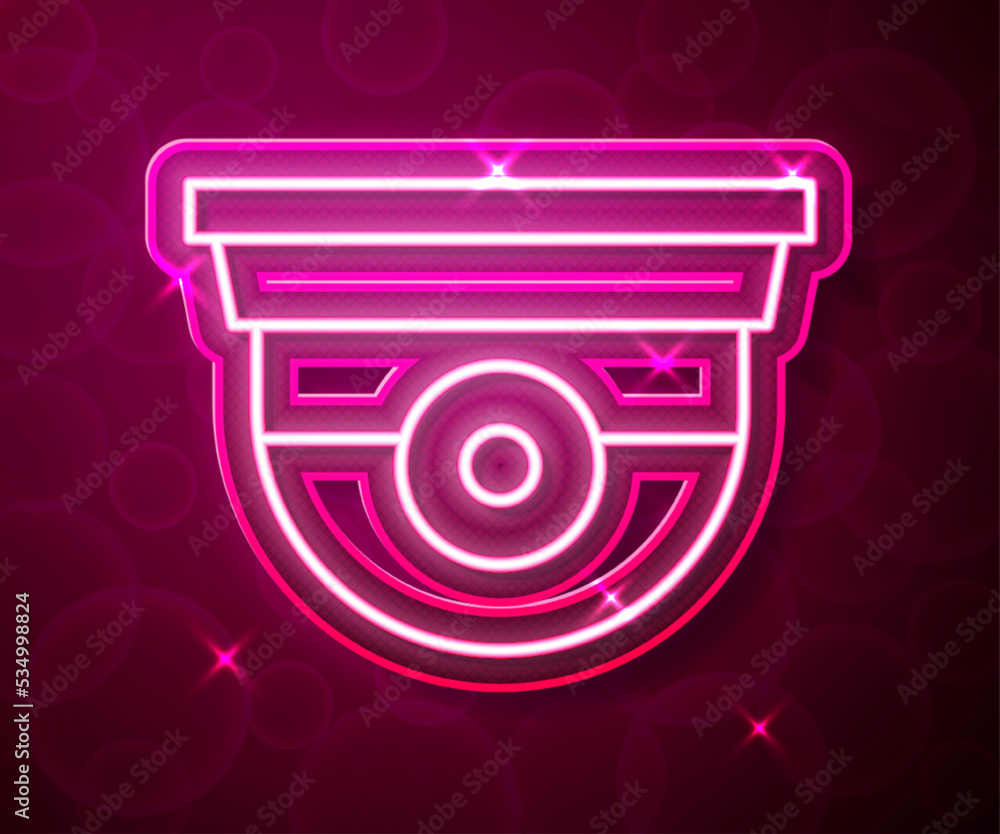 Glowing neon line Security camera icon isolated on red background. Vector Glowing neon line Security camera icon isolated on red background. Vector
